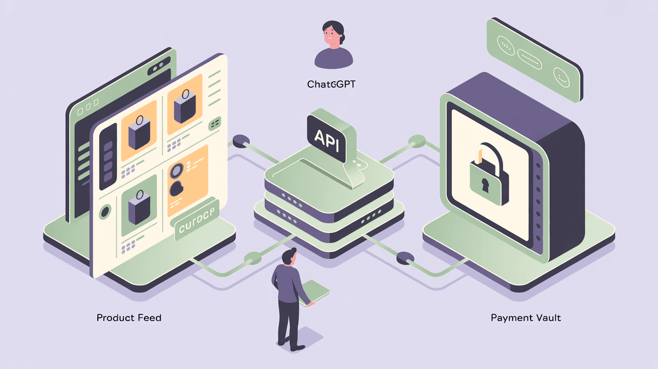 Isometric illustration of AI commerce architecture showing ChatGPT interface connected to merchant database and payment systems