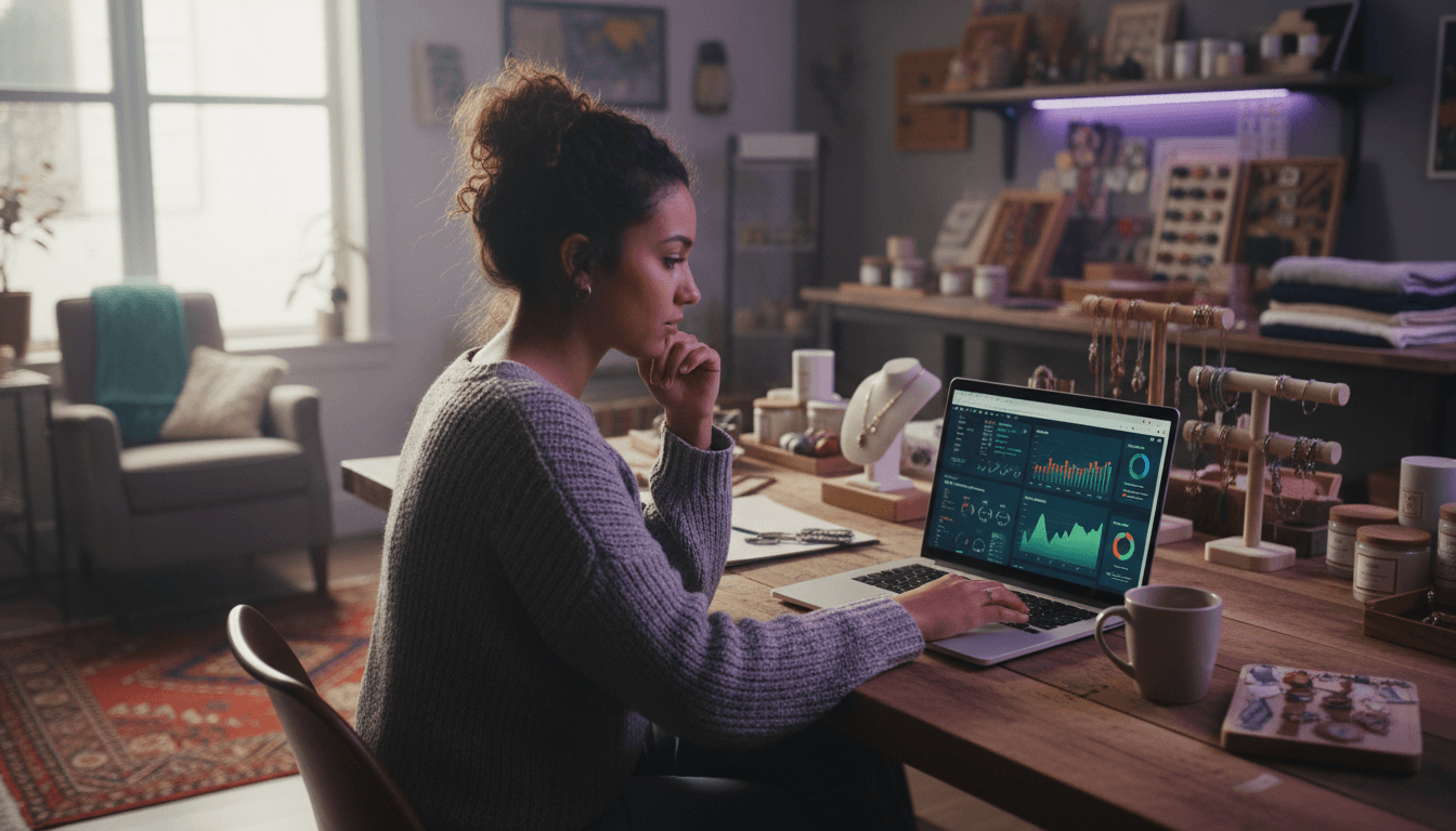 Merchant analyzing data on laptop screen showing analytics dashboard with conversion metrics