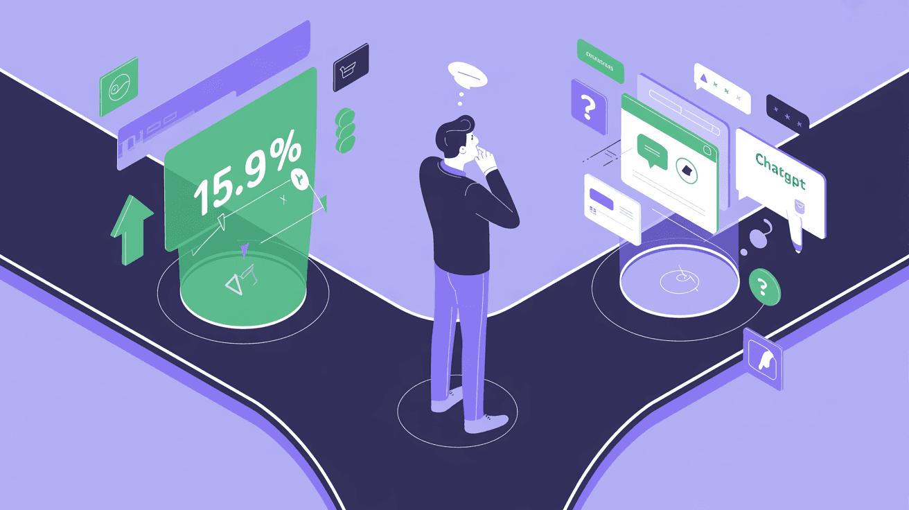 Isometric flat vector illustration showing confused merchant standing between two diverging paths with ChatGPT analytics and conversion metrics in purple and blue brand colors
