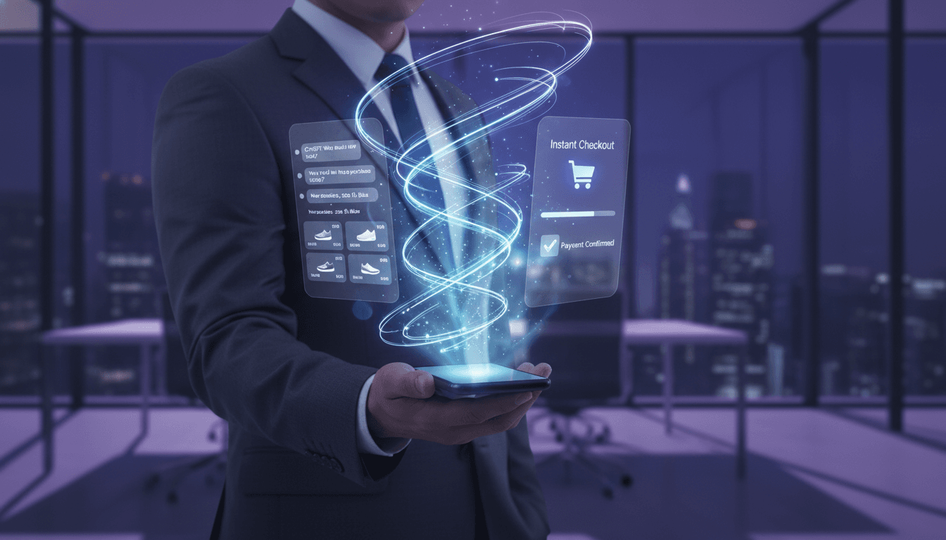 Business professional holding smartphone with holographic interface showing ChatGPT instant checkout flow with purple-blue spiral vortex effect
