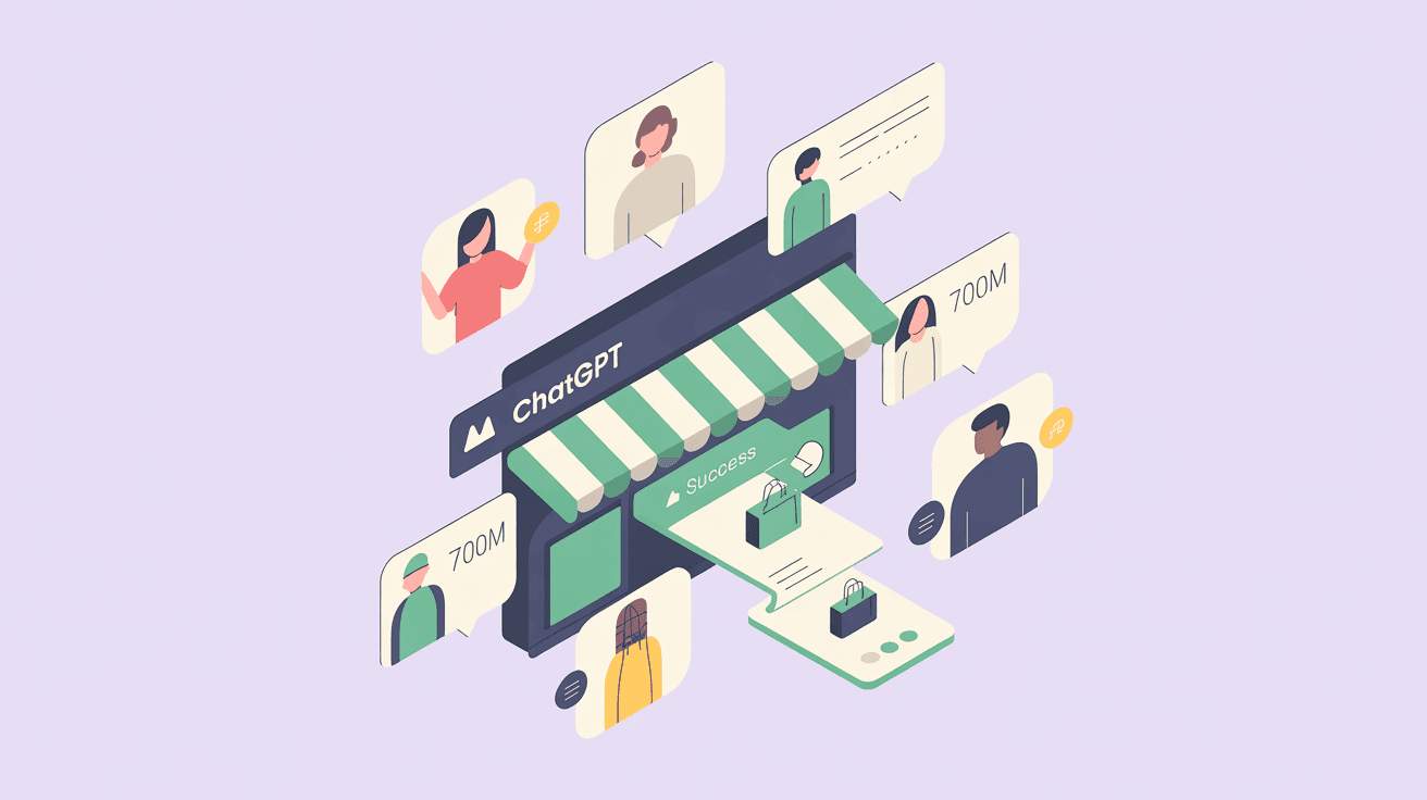 Isometric flat vector illustration in soft pastel colors showing merchant storefront connected to ChatGPT with instant checkout flow and 700M users represented by floating icons