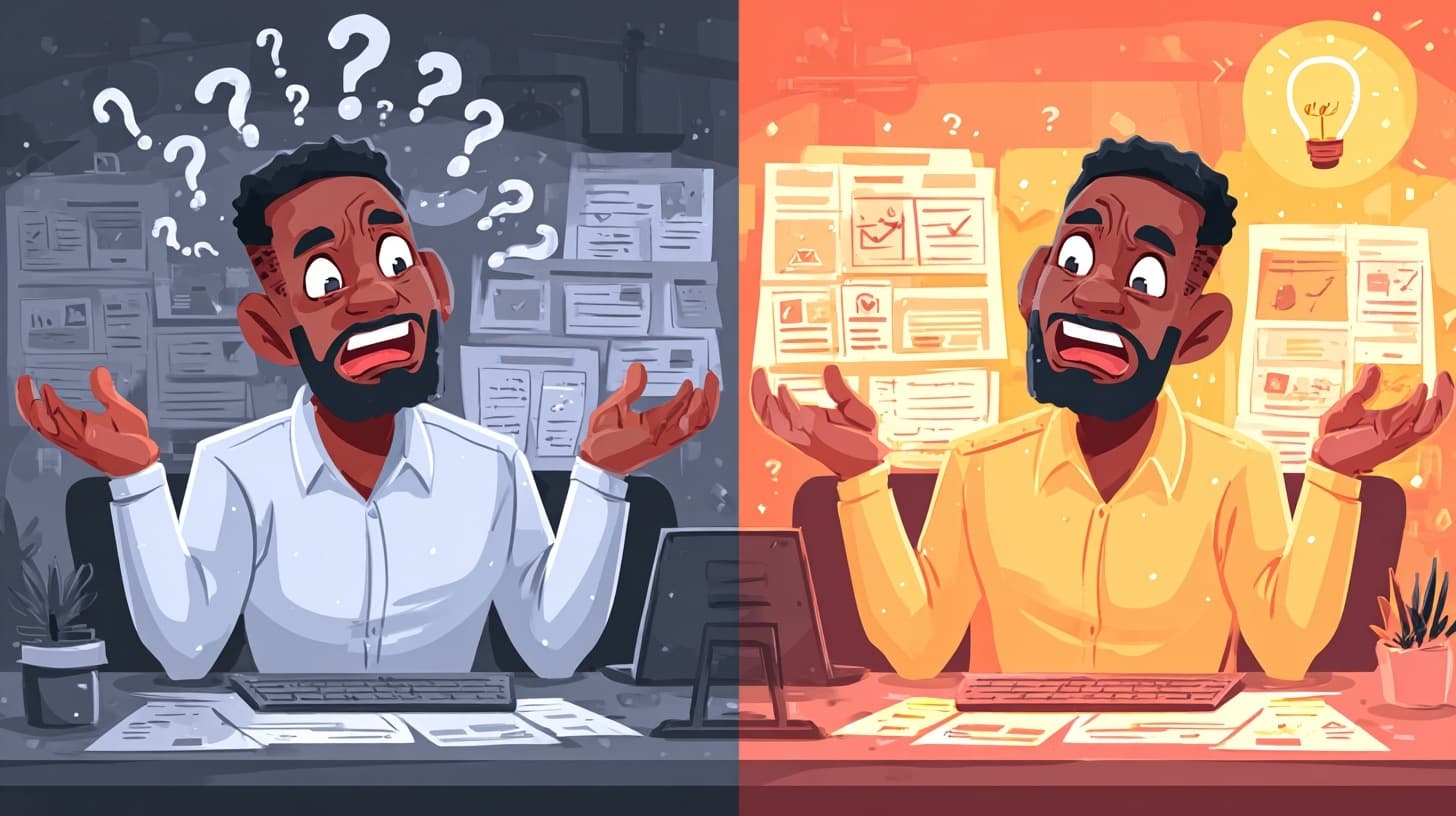 Business professional's transformation from confusion to strategic clarity when choosing between Google AI Mode and ChatGPT Shopping platforms