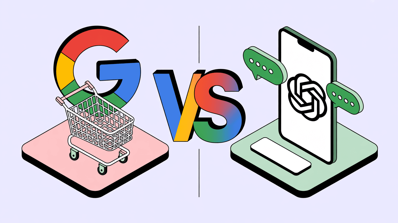Isometric illustration comparing Google AI Mode and ChatGPT Shopping platforms for ecommerce merchants, showing Google logo with shopping cart versus OpenAI logo with chat interface