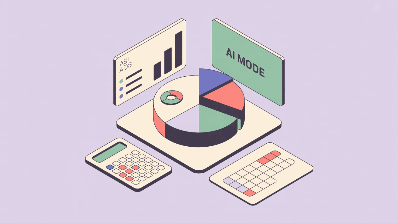 Flat vector illustration of budget allocation dashboard showing Google Ads distribution with AI Mode section highlighted, planning elements in soft pastel colors