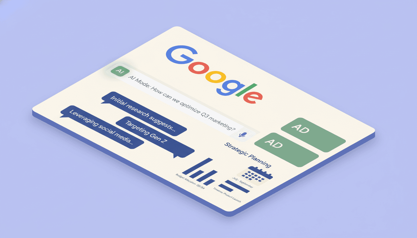 Flat vector illustration of Google AI Mode search interface with Google logo, showing conversational search and strategic planning elements in soft pastel brand colors