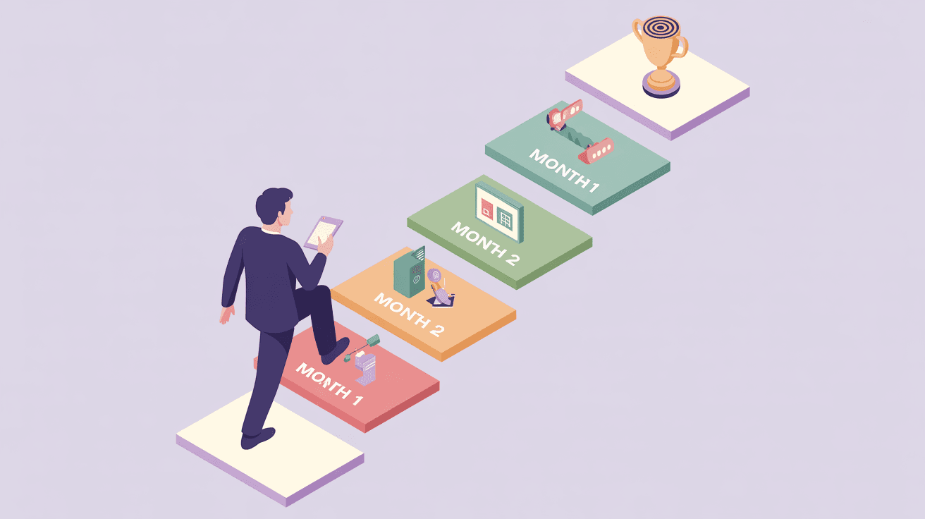 Isometric flat vector illustration showing merchant journey through AI commerce preparation phases from planning to implementation, soft pastel aesthetic