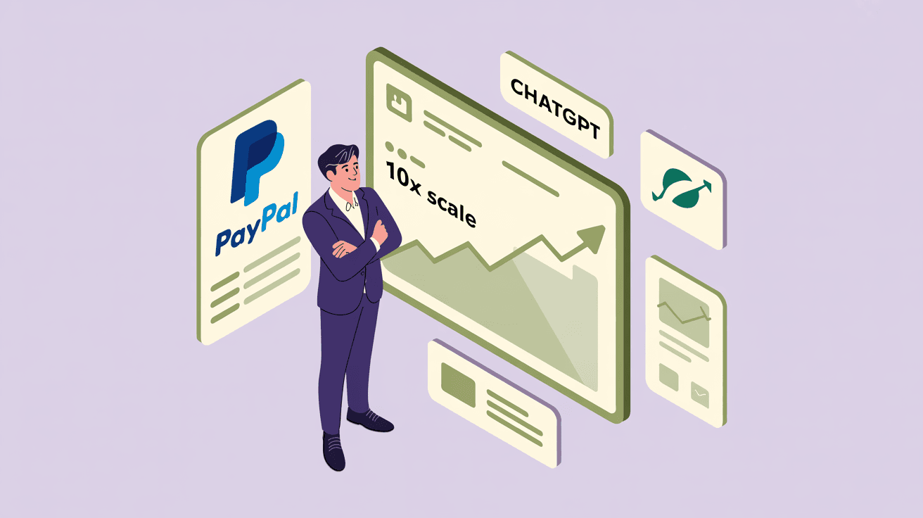 Isometric flat vector illustration showing merchant analyzing AI commerce data on dashboard with confidence, soft pastel colors with lavender background and muted green growth indicators