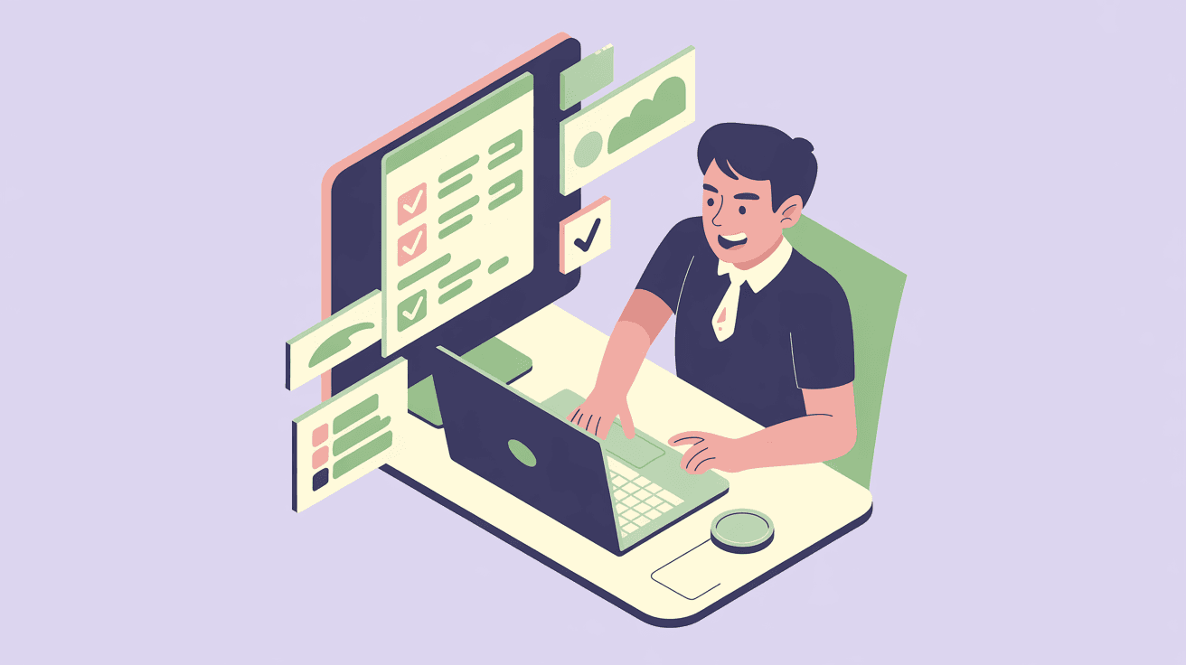 Flat vector illustration of merchant actively optimizing their store at computer, showing dashboard with checkmarks in soft pastel brand colors